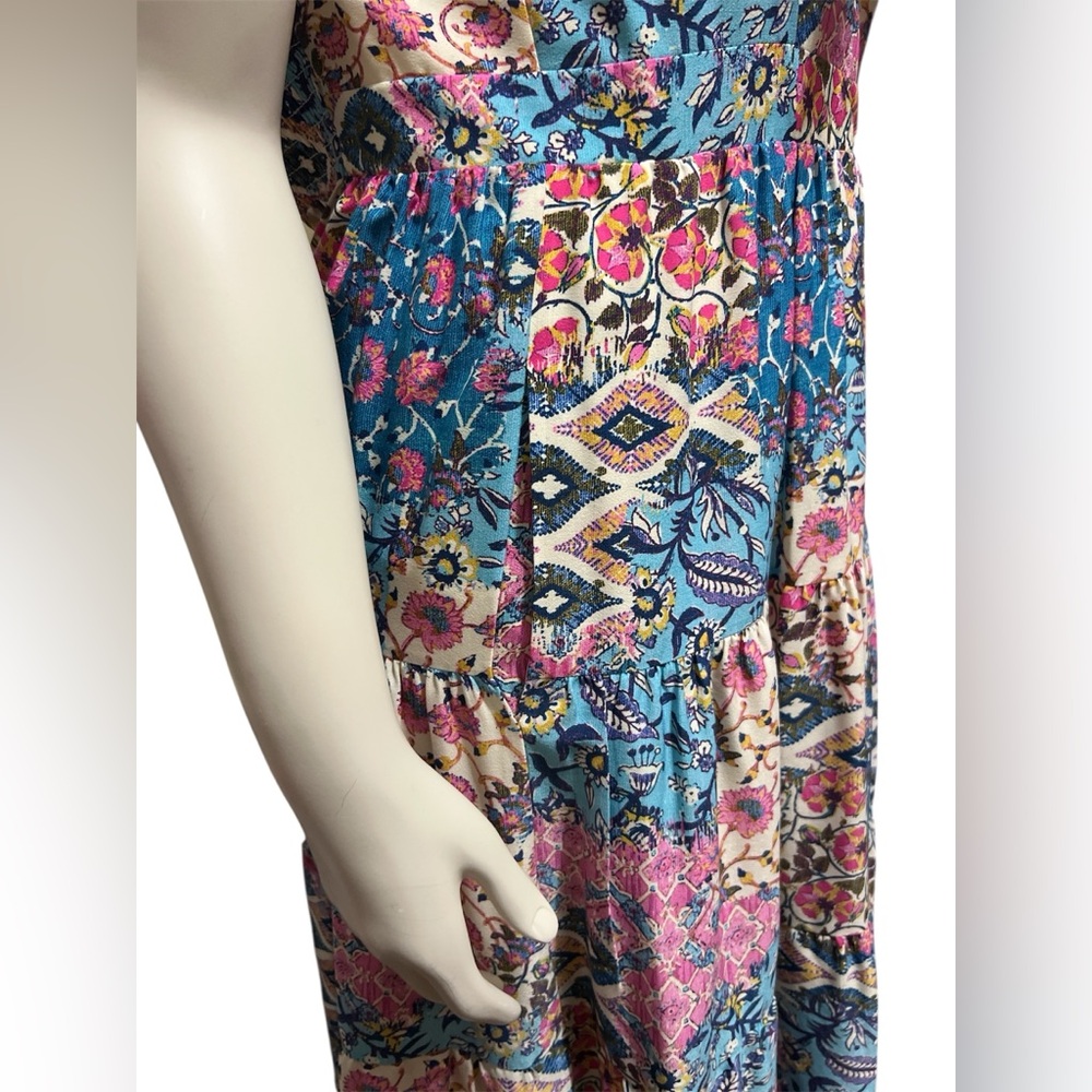 Eliza J 8 Sweetheart Tie Front Patchwork Print Crepe De Chine Maxi Dress Pockets - Picture 9 of 12